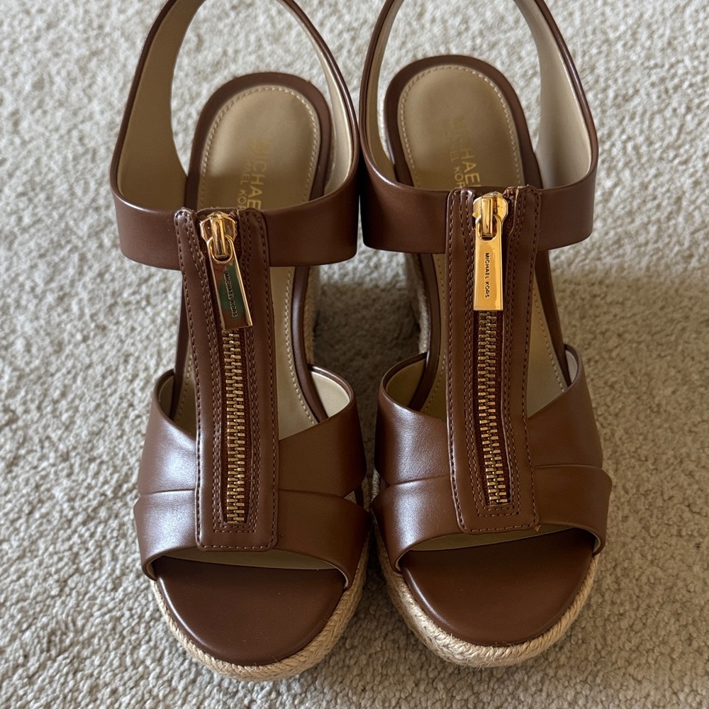 Michael Kors Tan Leather Wedge Sandals with Zipper
